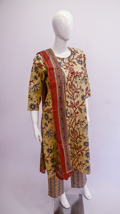 Mannequin wearing a patterned kurta with a red border against a white background
