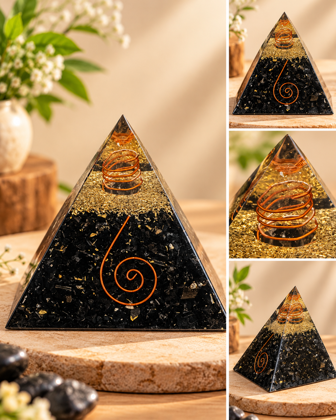 Black Tourmaline Orgonite Pyramid -Crystal Energy & Meditation Decor -3 × 3 Inch
