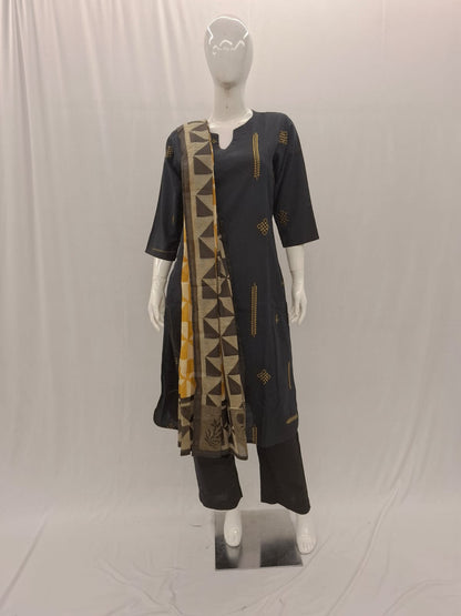 Black cotton printed kurta set with matching dupatta and straight pants for women ethnic wear.