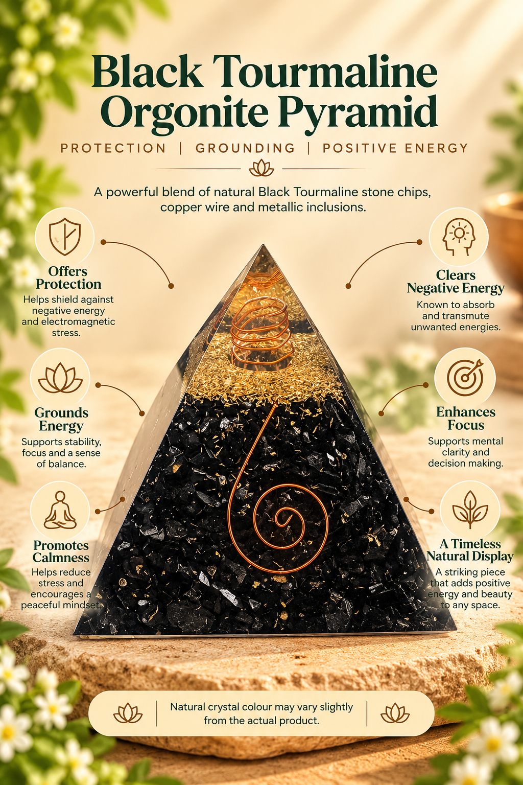 Black Tourmaline Orgonite Pyramid -Crystal Energy & Meditation Decor -3 × 3 Inch