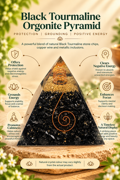 Black Tourmaline Orgonite Pyramid -Crystal Energy & Meditation Decor -3 × 3 Inch