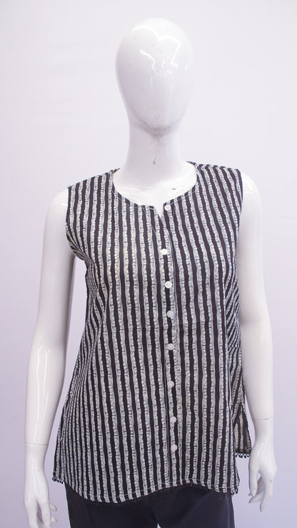 Mannequin wearing a black and white striped sleeveless top on a white background