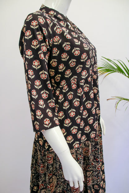 Black Flared Ajrakh Print Dress