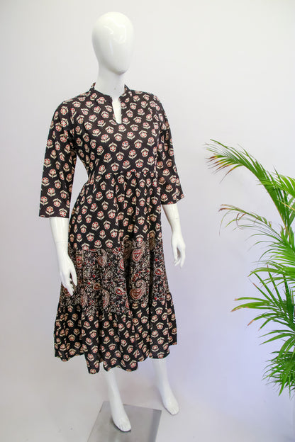 Black Flared Ajrakh Print Dress