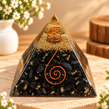 Black Tourmaline Orgonite Pyramid -Crystal Energy & Meditation Decor -3 × 3 Inch