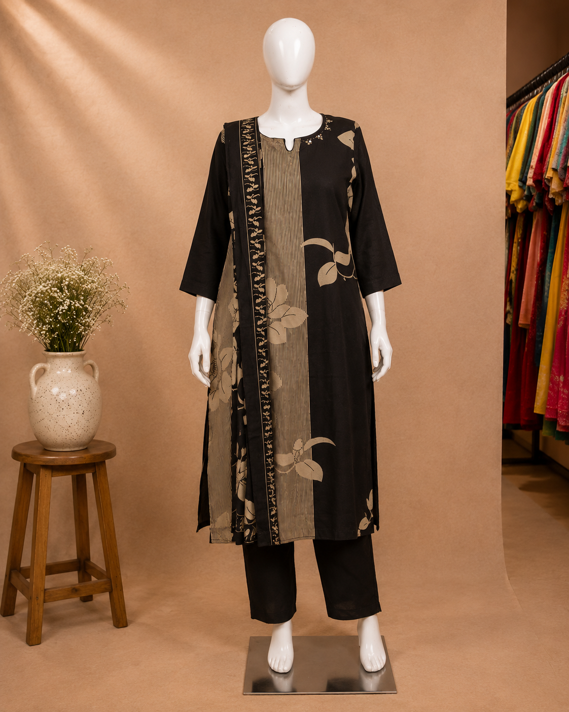 A black three-piece kurta set displayed on a white mannequin, featuring a black tunic with beige floral patterns and a matching black-and-beige border drape, paired with black pants. The mannequin is set against a warm beige studio backdrop with a small wooden stool and vase on the left, and a clothing rack visible on the right.