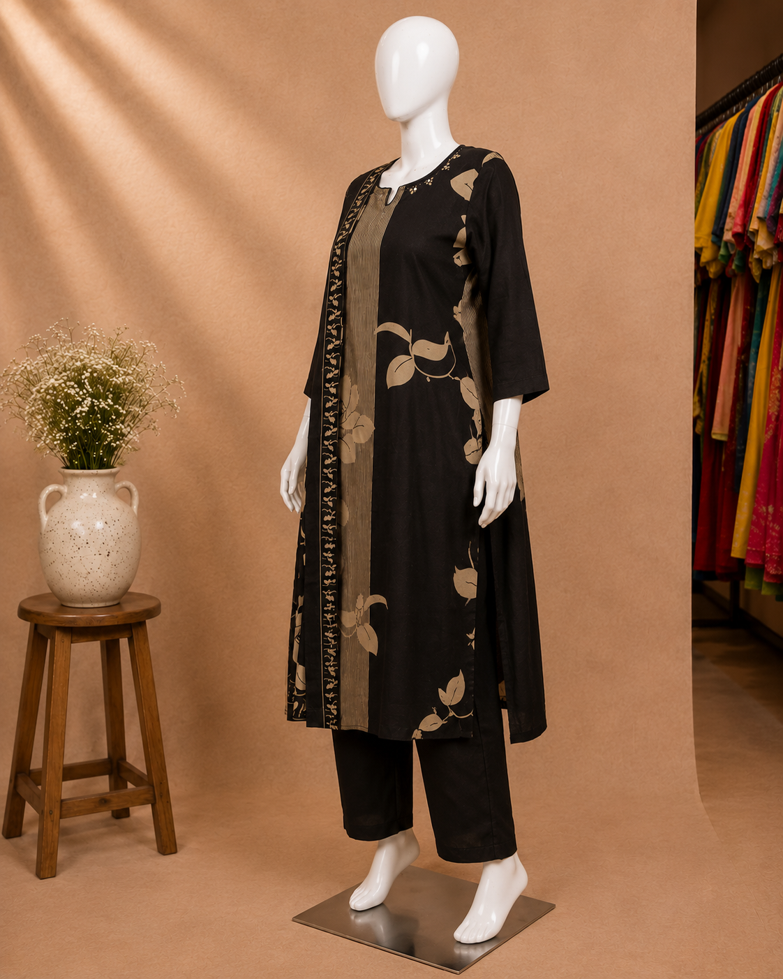 A black women's kurta set displayed on a white mannequin in a boutique setting. The set includes a long-sleeved kurta with beige floral motifs and a vertical beige panel, paired with matching black pants.