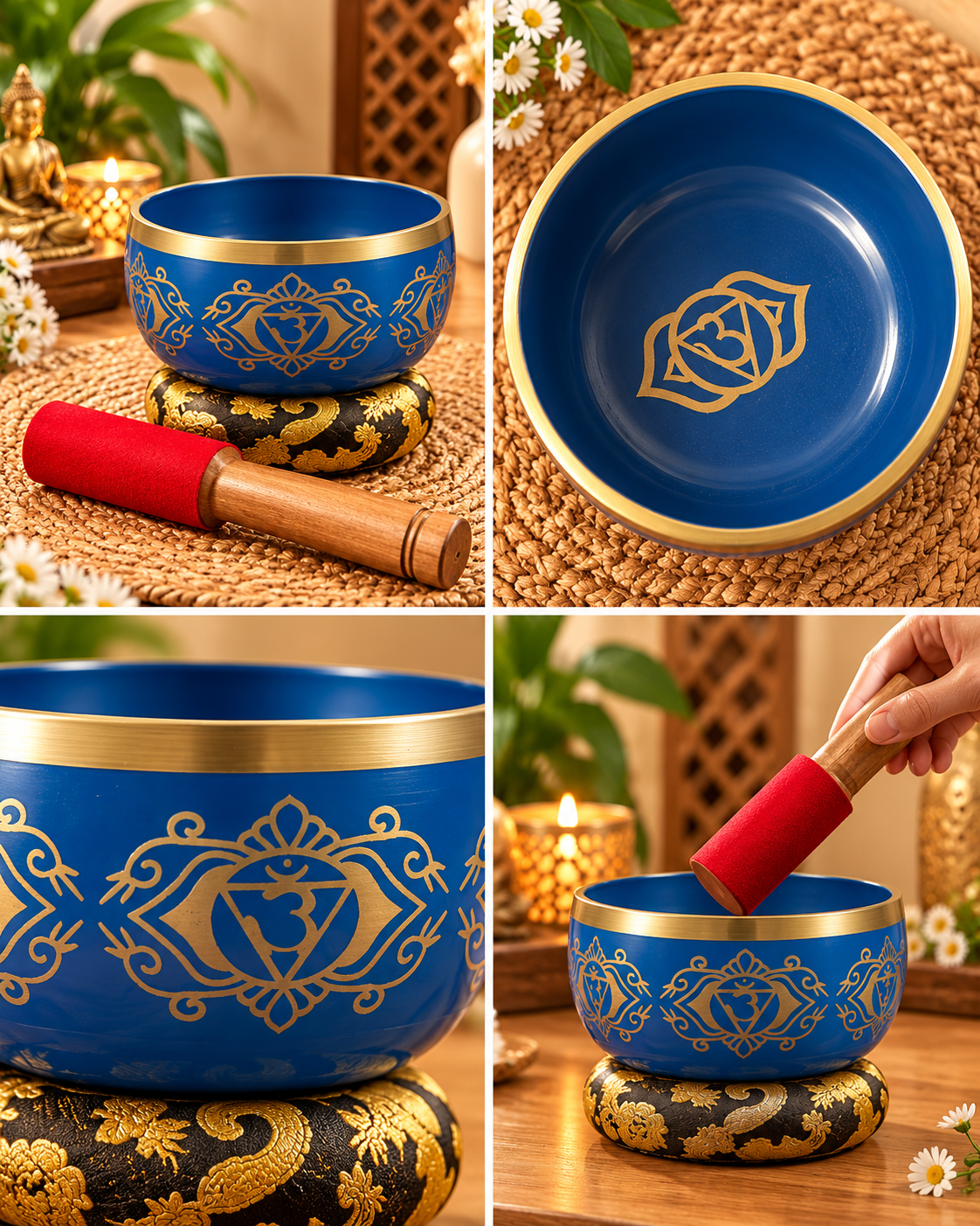  Top view of a blue chakra singing bowl with a golden rim and gold chakra symbol engraved inside, accompanied by a red-tipped wooden mallet on a natural jute mat.