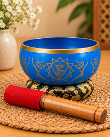 Blue Chakra Singing Bowl with Wooden Mallet and Cushion-$.5 Inch