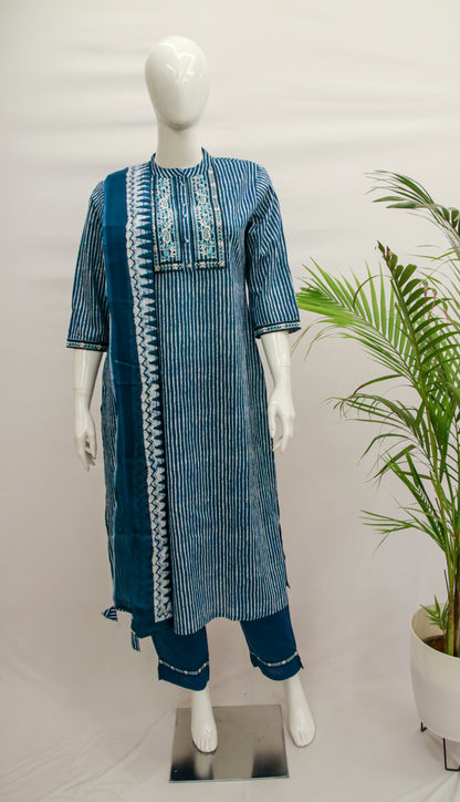 Blue Cotton Stripes Dupatta Set