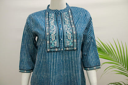 Blue Cotton Stripes Dupatta Set