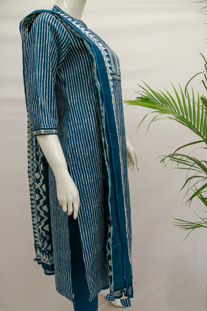 Blue Cotton Stripes Dupatta Set