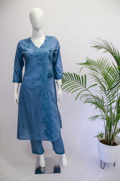 Cotton Blue Chikankari Work Top and Pant Set