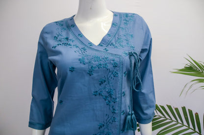 Cotton Blue Chikankari Work Top and Pant Set