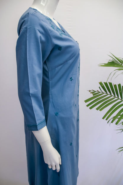 Cotton Blue Chikankari Work Top and Pant Set