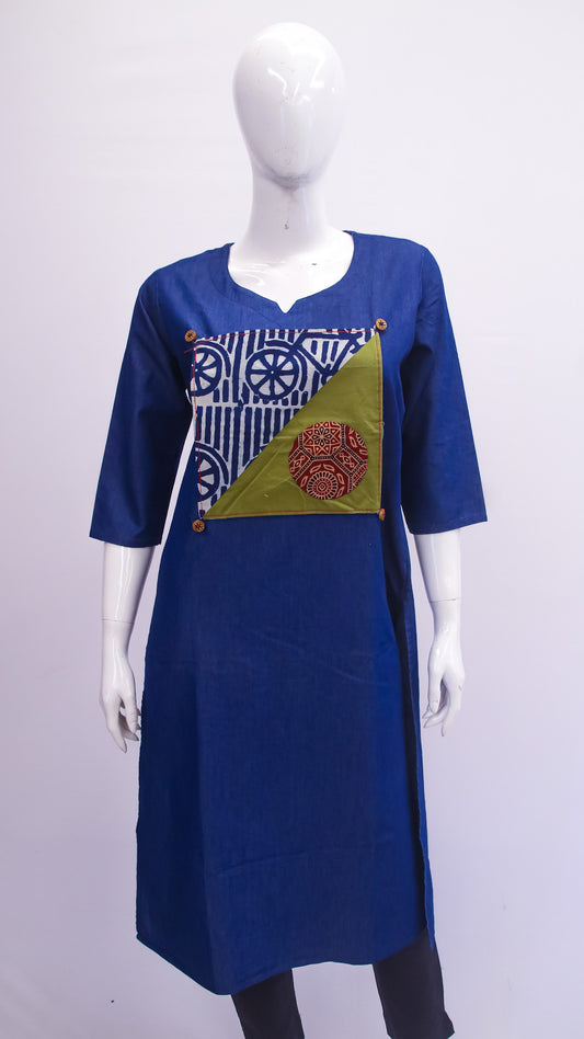 Blue kurta with geometric and floral patterns on a mannequin against a white background
