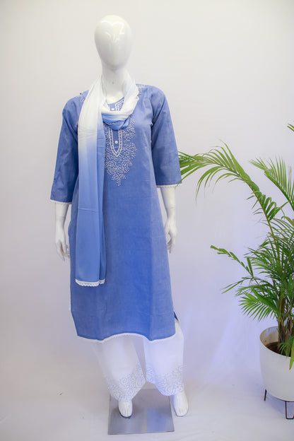 A mannequin displaying a blue cotton dupatta set with lace work on the kurta and dupatta, consisting of a kurta, pants, and a dupatta.