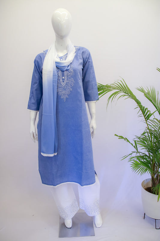 A mannequin displaying a blue cotton dupatta set with lace work on the kurta and dupatta, consisting of a kurta, pants, and a dupatta.