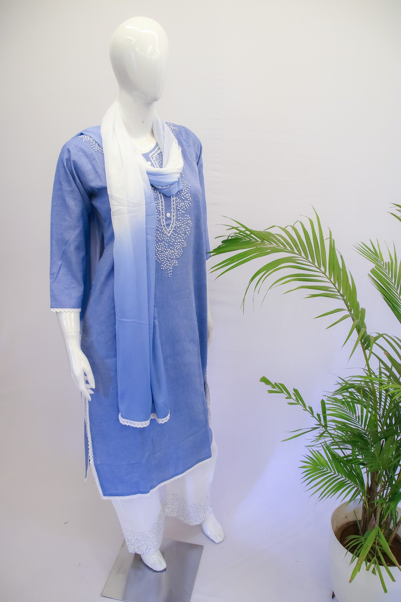 Blue Cotton Dupatta Set
