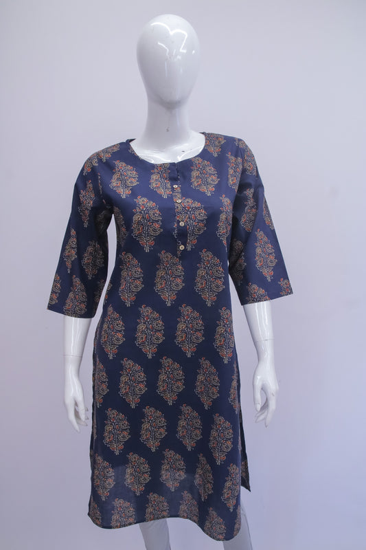Navy blue dress with gold patterns on a mannequin against a white background