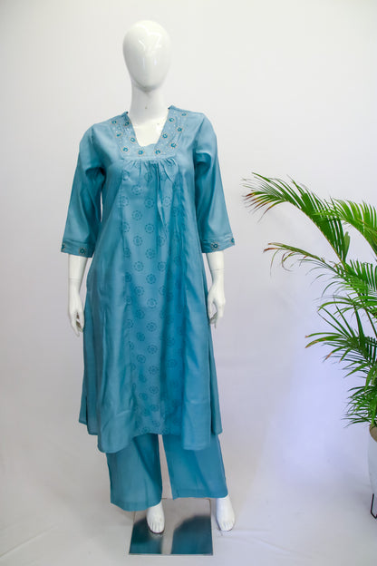 Blue Muslin Silk Top & Pant Set
