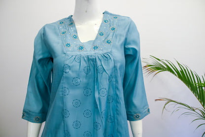 Blue Muslin Silk Top & Pant Set