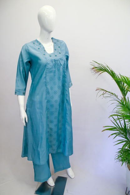 Blue Muslin Silk Top & Pant Set