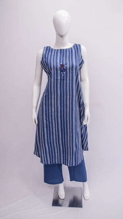 Mannequin wearing a blue and white striped dress with matching pants on a white background