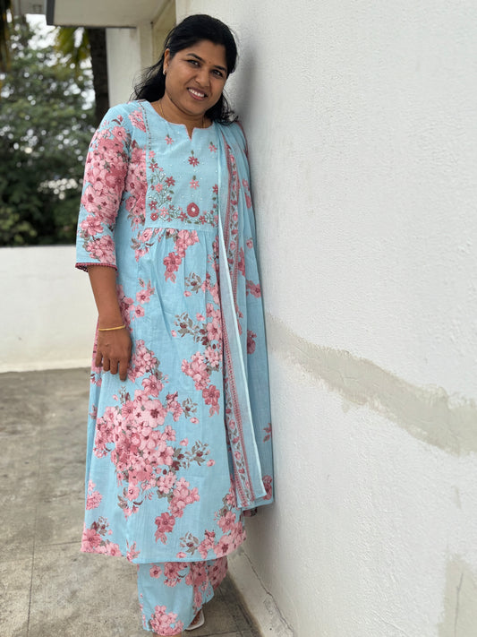 Blue Floral Print Cotton Dupatta Set with Keyhole Neck Embroidery

Straight Cotton Kurta with 3/4th Lace Sleeves – Blue Color

Cotton Palazzo Pants with Drawstring – Blue Set

2.5m Floral Cotton Dupatta – Blue Suit Set

Casual & Office Wear Blue Cotton Dupatta Set