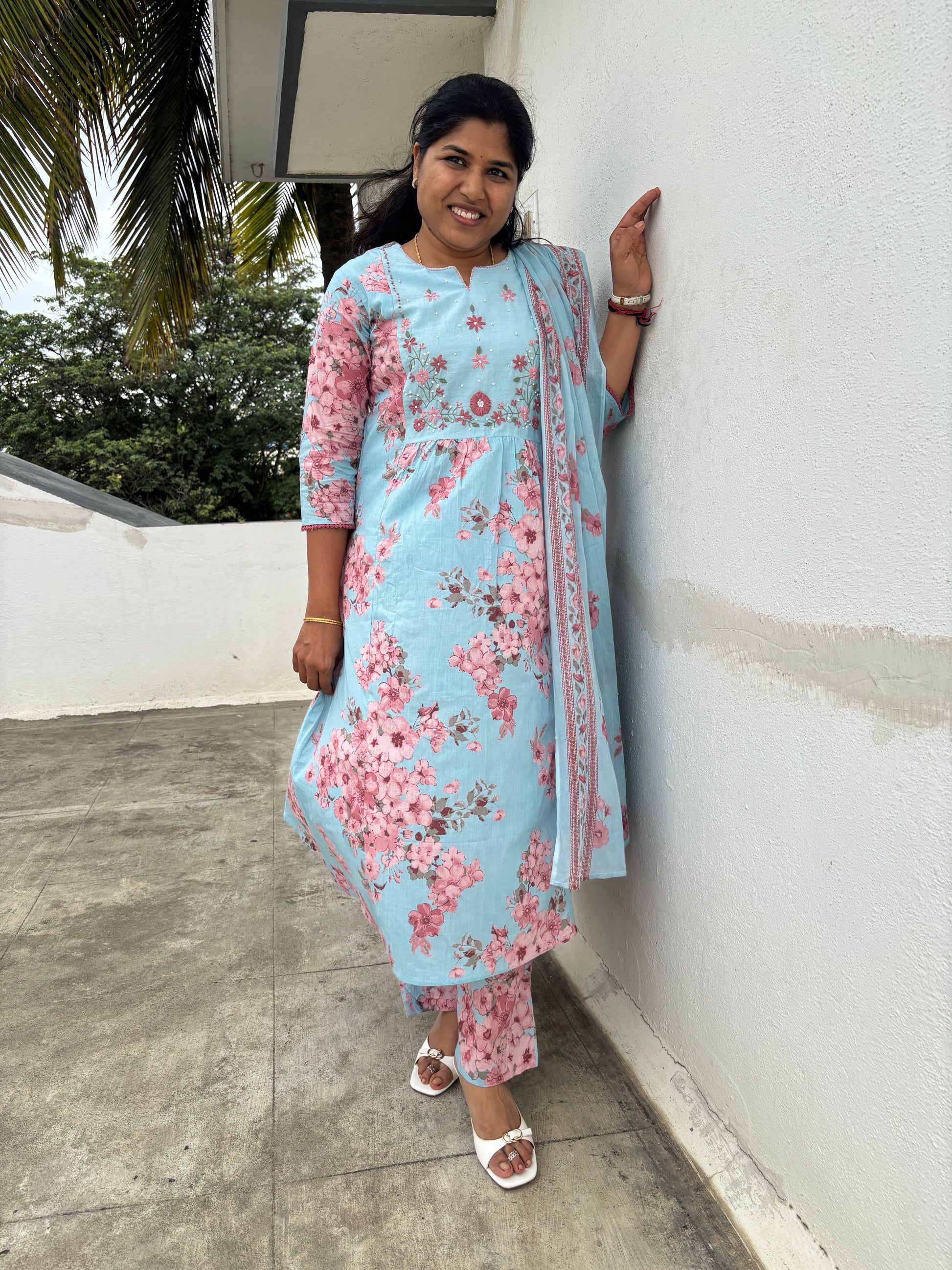 Blue Floral Print Cotton Dupatta Set with Keyhole Neck Embroidery

Straight Cotton Kurta with 3/4th Lace Sleeves – Blue Color

Cotton Palazzo Pants with Drawstring – Blue Set

2.5m Floral Cotton Dupatta – Blue Suit Set

Casual & Office Wear Blue Cotton Dupatta Set