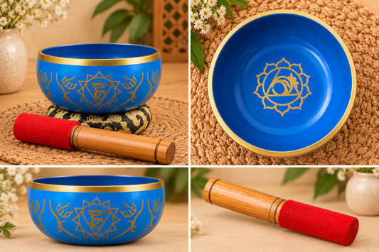 Blue and gold chakra singing bowl with golden chakra engraving inside and outside, accompanied by a wooden mallet with a red felt tip.