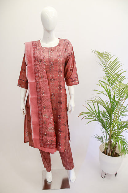 Muslin Brick Red Dupatta Set