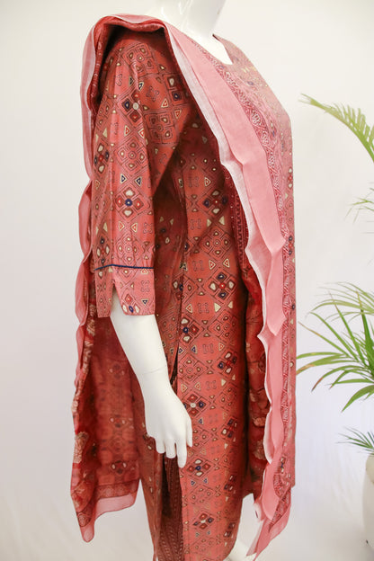 Muslin Brick Red Dupatta Set