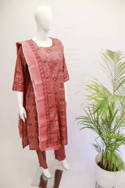 Muslin Brick Red Dupatta Set