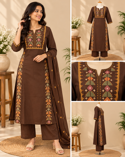 Brown Embroidered Kurta Pant Set with Dupatta