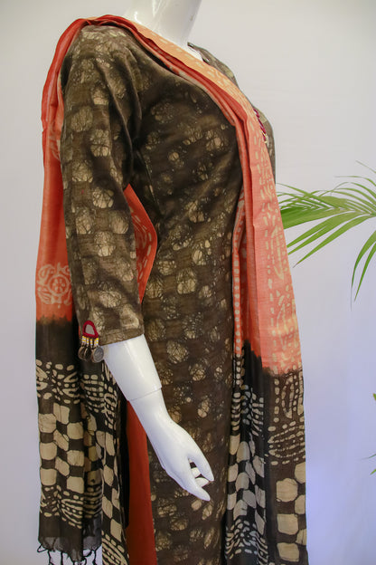 Brown Batik Dupatta Set