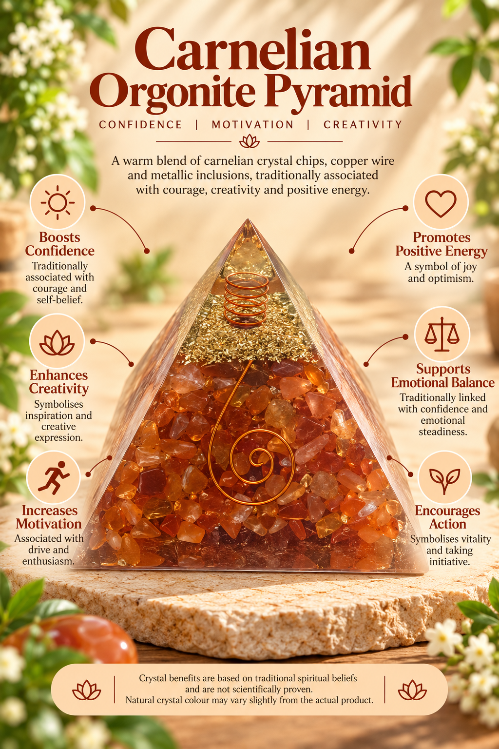 Carnelian Orgonite Pyramid – Crystal Energy & Meditation Decor -3 × 3 Inch