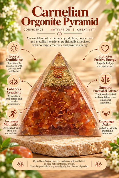 Carnelian Orgonite Pyramid – Crystal Energy & Meditation Decor -3 × 3 Inch