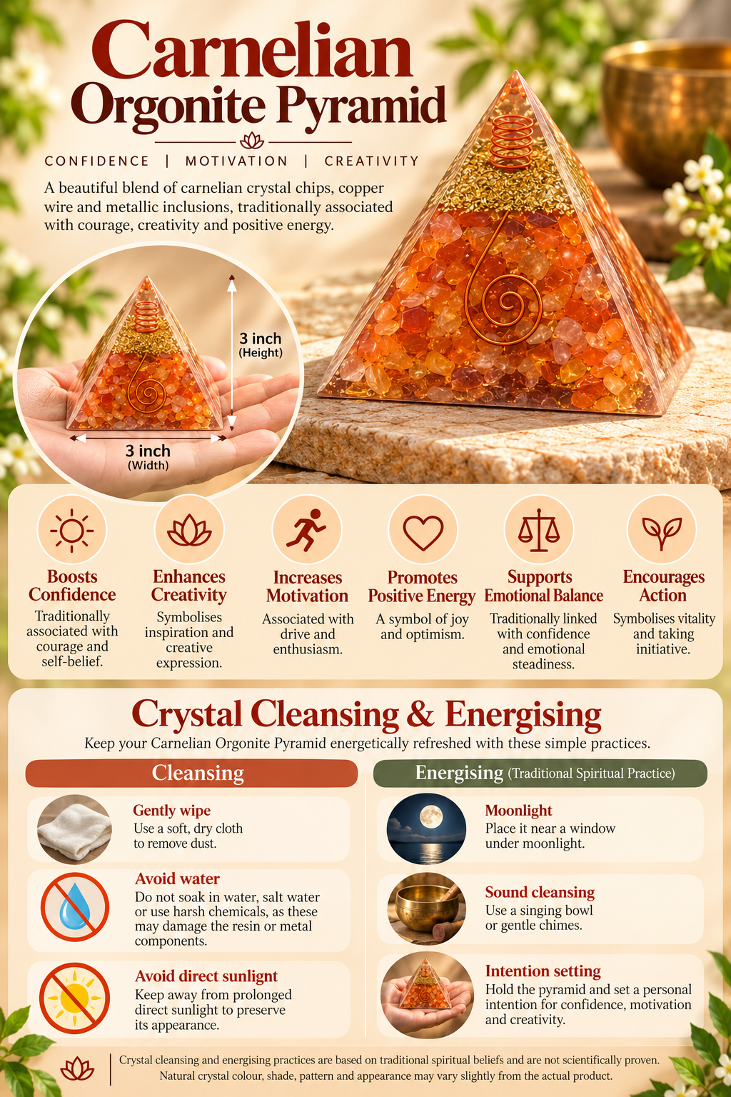 Carnelian Orgonite Pyramid – Crystal Energy & Meditation Decor -3 × 3 Inch