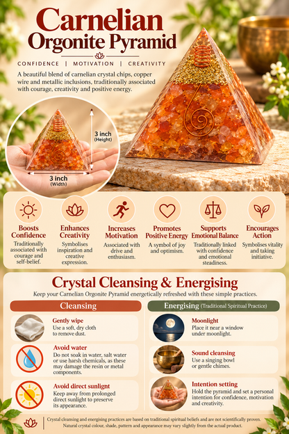 Carnelian Orgonite Pyramid – Crystal Energy & Meditation Decor -3 × 3 Inch