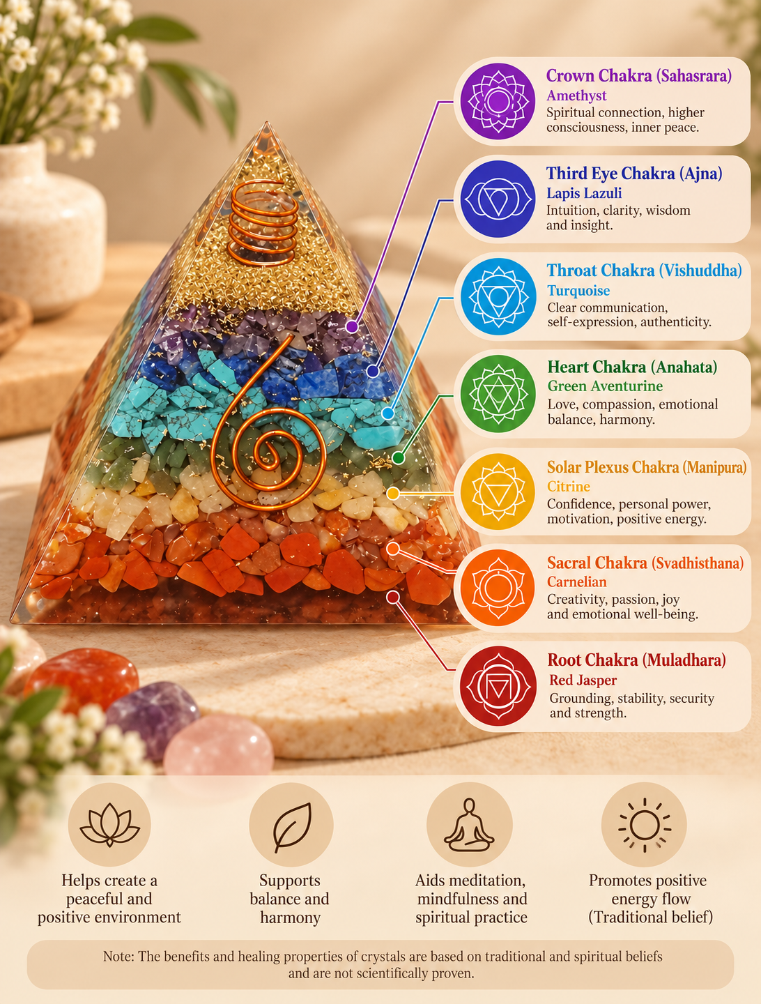 7 Chakra Orgonite Pyramid – Crystal Energy & Meditation Decor -3 × 3 Inch