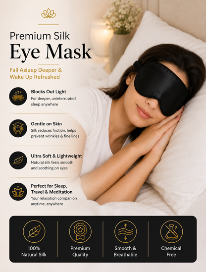 Woman sleeping comfortably wearing a black premium silk eye mask for relaxation and restful sleep
