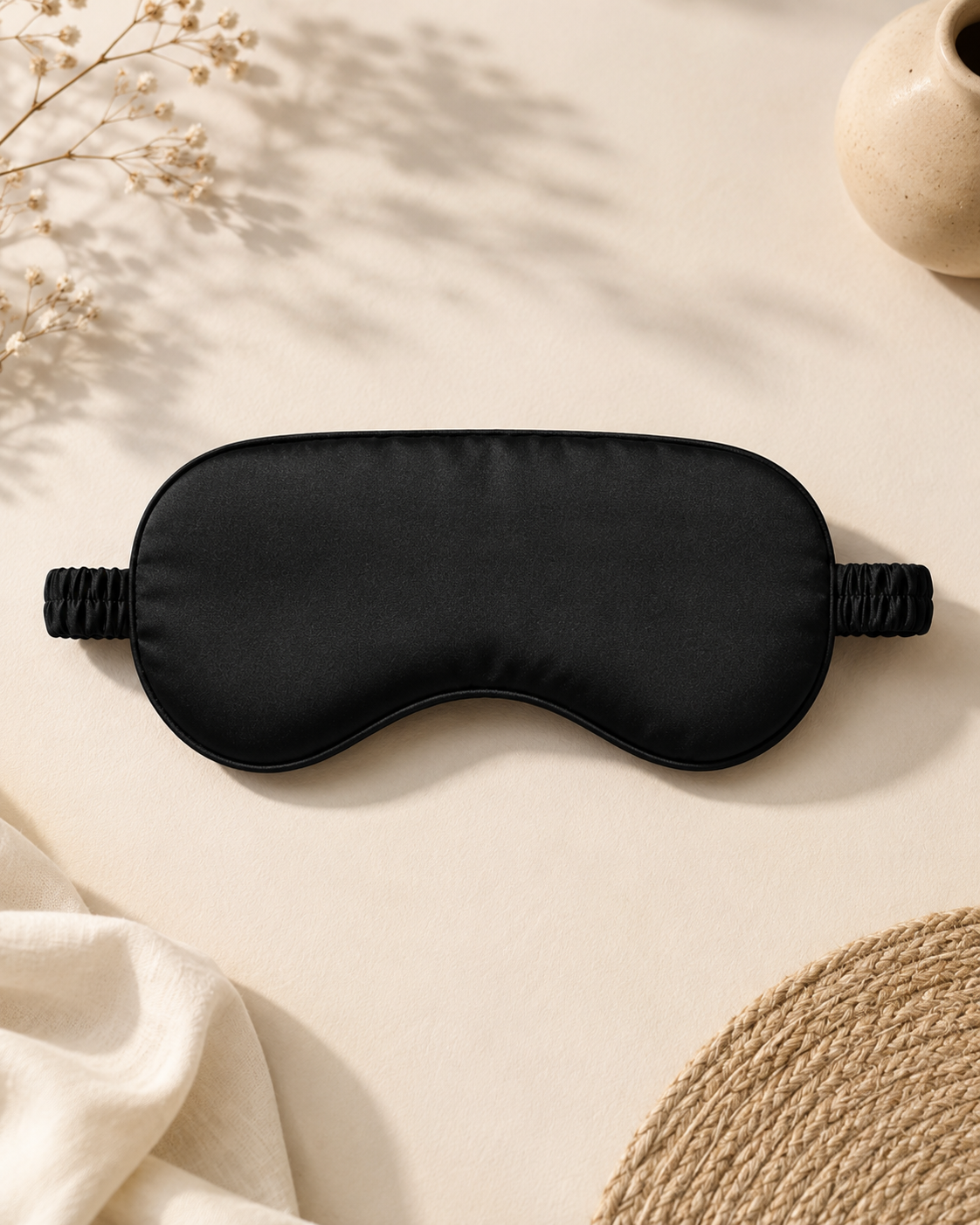 Black premium silk eye mask with soft elastic strap for sleeping, travel and meditation – Udojas Sutra