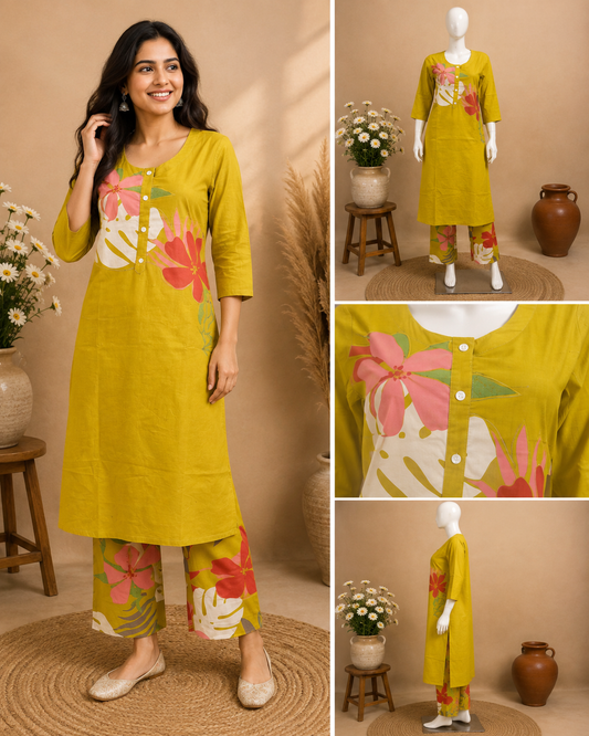Mustard Yellow Cotton Kurta Set with Printed Palazzo