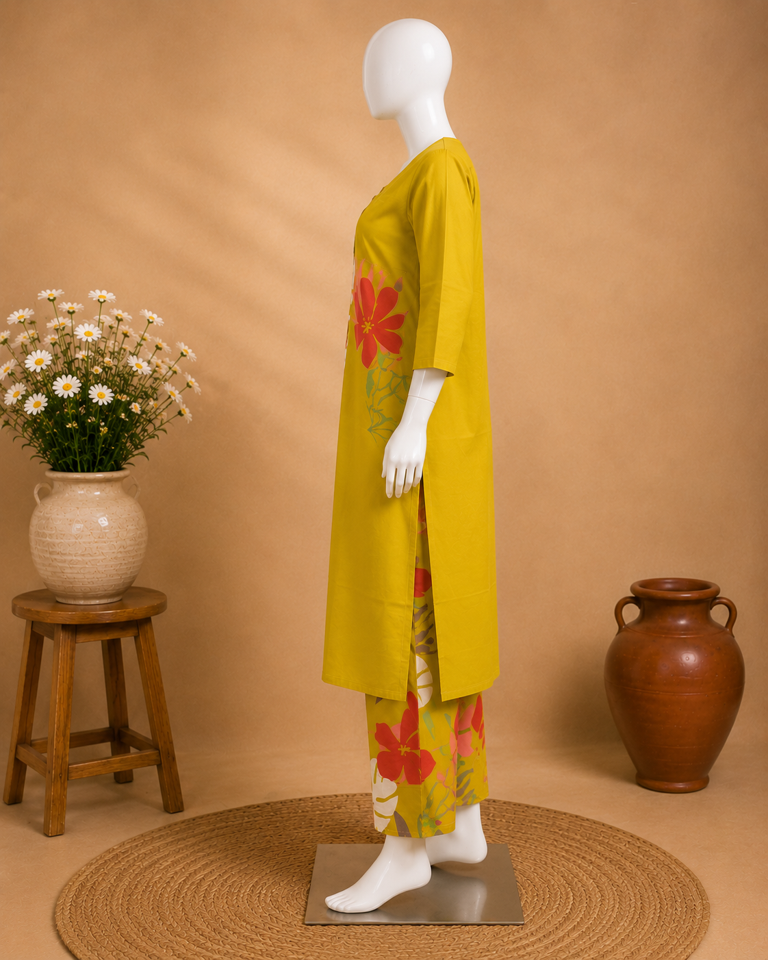 Mustard Yellow Cotton Kurta Set with Printed Palazzo