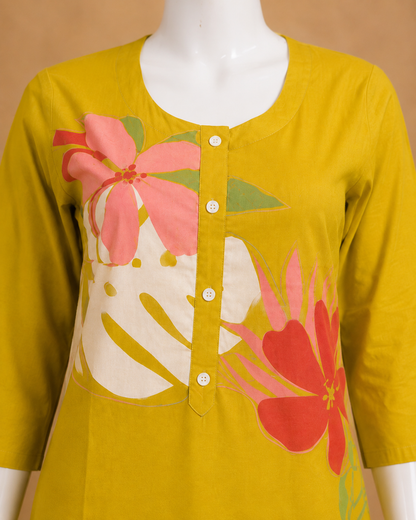 Mustard Yellow Cotton Kurta Set with Printed Palazzo