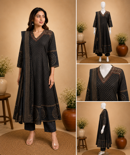 Black Cotton Anarkali Dupatta Set