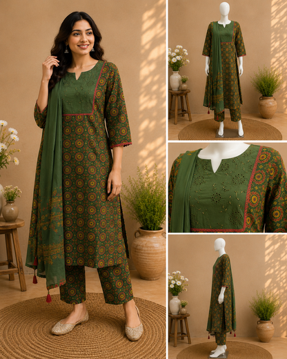 Cotton Mehndi Green Dupatta Set
