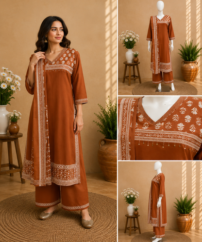 Rust Orange Cotton Dupatta Set