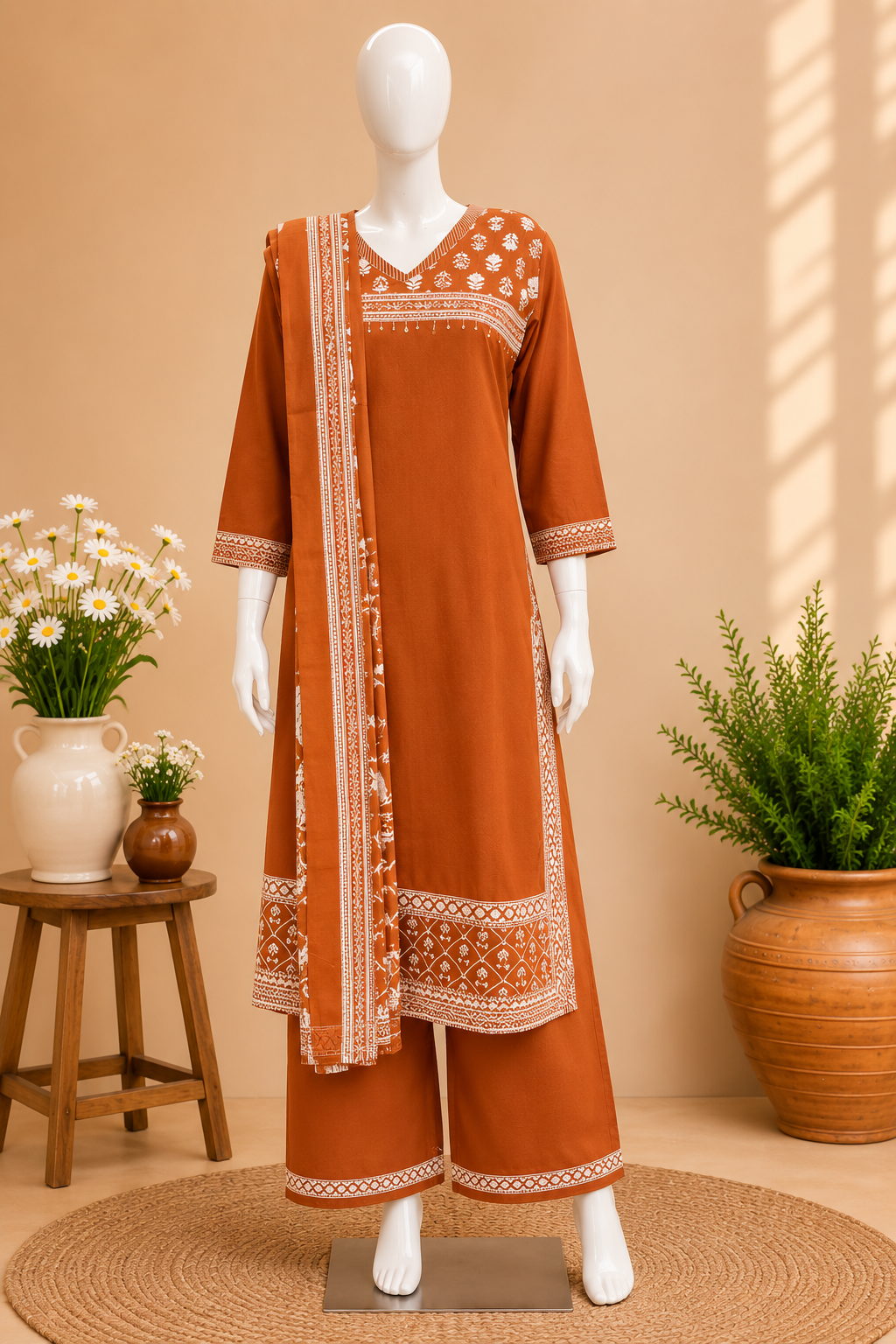 Rust Orange Cotton Dupatta Set